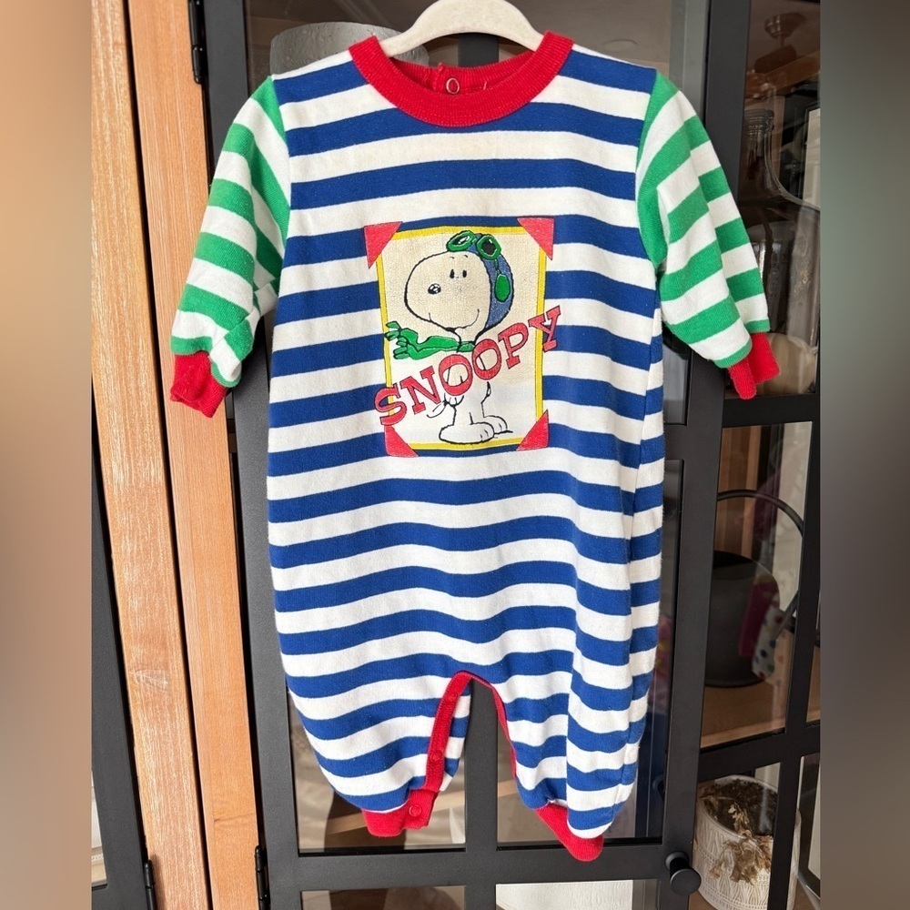 Vintage 80s Snoopy coverall Peanuts Striped Baby boy striped onesie long sleeve
